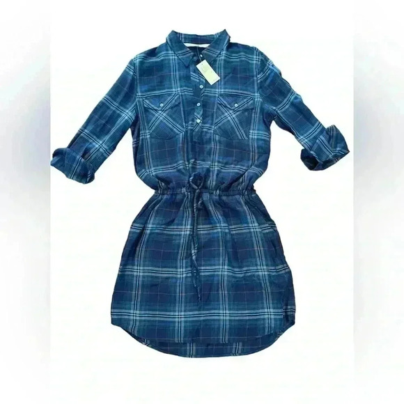Max Studio Blue Plaid Long Sleeve Shirt Dress with cinch waste. Size Medium - Picture 1 of 7